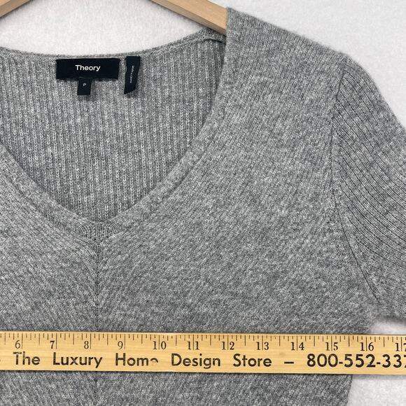 THEORY Sweater Womens Petite Cashmere V-Neck Ribbed Jumper Pullover Gray - Picture 10 of 12